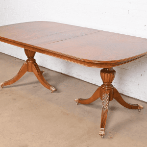 Flint & Horner Georgian Burled Walnut Double Pedestal Extension Dining Table, Newly Refinished