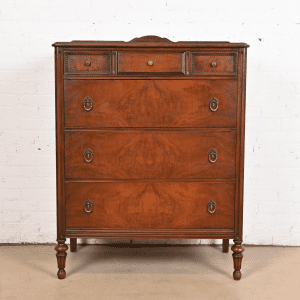 Landstrom French Regency Louis XVI Carved Burled Walnut Highboy Dresser, Circa 1940s