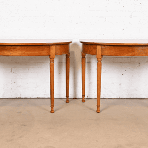 Stickley American Colonial Carved Cherry Wood Demilune Console Tables or Entry Tables, Circa 1960s