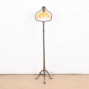 Tiffany Studios New York Bronze Harp Floor Lamp With Damascene Favrile Glass Shade