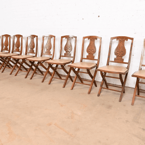 Antique Arts & Crafts Carved Oak Lyre Back Folding Dining Chairs by Phoenix Chair Co., Set of Ten