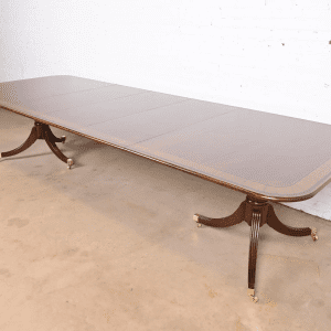 Baker Furniture Stately Homes Georgian Banded Mahogany Double Pedestal Dining Table, Newly Refinished