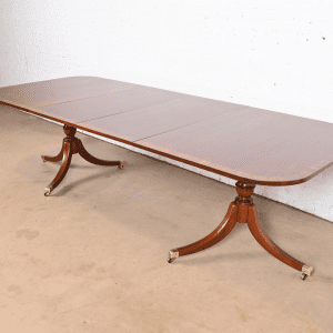 Baker Furniture Style Georgian Banded Mahogany Double Pedestal Extension Dining Table, Newly Refinished