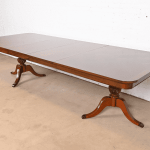 Baker Furniture Style Georgian Inlaid Cherry Wood Double Pedestal Extension Dining Table, Newly Refinished