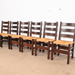 Gustav Stickley Antique Mission Oak Arts & Crafts Ladder Back Dining Chairs With Rush Seats, Set of Six
