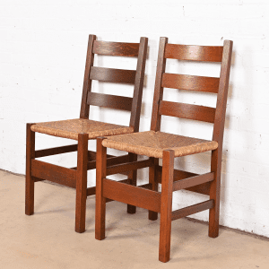 Gustav Stickley Antique Mission Oak Arts & Crafts Ladder Back Side Chairs With Rush Seats, Pair