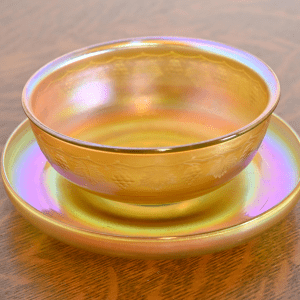 Louis Comfort Tiffany Favrile Iridescent Art Glass Bowl and Underplate With Intaglio Grapevine Motif