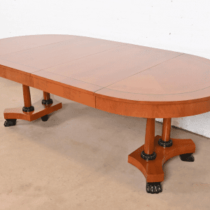 Baker Furniture Neoclassical Cherry Wood Pedestal Extension Dining Table With Ebonized Paw Feet, Newly Refinished