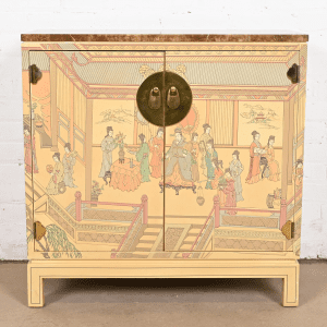Drexel Heritage Hollywood Regency Chinoiserie Hand-Painted Cream Lacquered Bar Cabinet