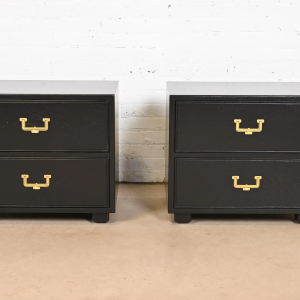 Henredon Mid-Century Hollywood Regency Campaign Black Lacquered Bedside Chests, Newly Refinished