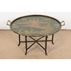 Baker Furniture Style Hollywood Regency Chinoiserie Faux Bamboo Tole Tray Coffee Table