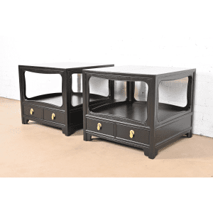 Michael Taylor for Baker Far East Collection Black Lacquered Nightstands or End Tables, Newly Refinished
