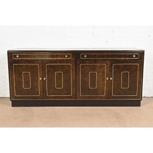 Romweber Mid-Century Hollywood Regency Burl Wood and Brass Sideboard Credenza, Circa 1970s