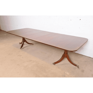 Saybolt Cleland Georgian Banded Mahogany Double Pedestal Extension Dining Table, Newly Refinished