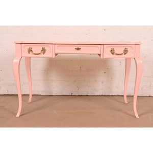 Baker Furniture French Provincial Louis XV Pink Lacquered Writing Desk, Newly Refinished