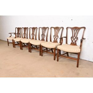 Baker Furniture Style Georgian Carved Mahogany Dining Chairs, Set of Six