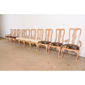 Drexel Heritage Queen Anne Carved Oak and Burl Wood Dining Chairs, Set of Ten