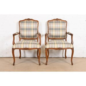 Ethan Allen French Provincial Louis XV Carved Cherry Wood Upholstered Fauteuils, Pair