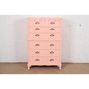 John Widdicomb French Provincial Louis XV Pink Lacquered Highboy Dresser, Newly Refinished