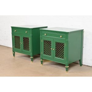 Kindel Furniture French Regency Louis XVI Green Lacquered Nightstands, Newly Refinished
