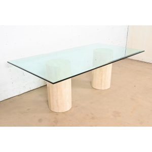 Matteo Grassi Modern Italian Travertine Double Pedestal Glass Top Dining Table, Circa 1970s