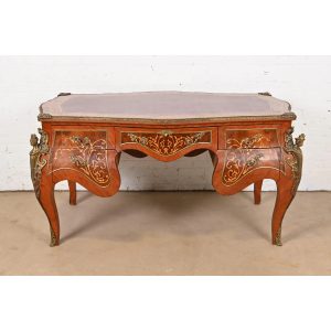 Paul Sormani Style Antique French Louis XV Kingwood and Burl Wood Bureau Plat Leather Top Executive Desk With Mounted Bronze Ormolu