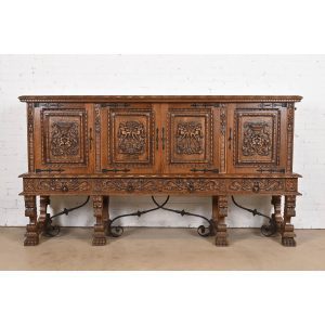 R. J. Horner Style Renaissance Revival Monumental Ornate Carved Oak Sideboard or Bar Cabinet