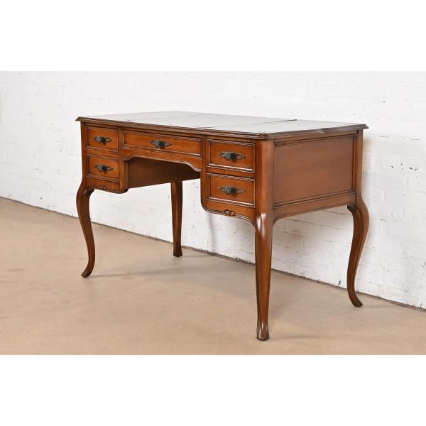 Sligh Furniture French Provincial Louis XV Carved Cherry Wood Leather Top Writing Desk, Circa 1960s - Image 3