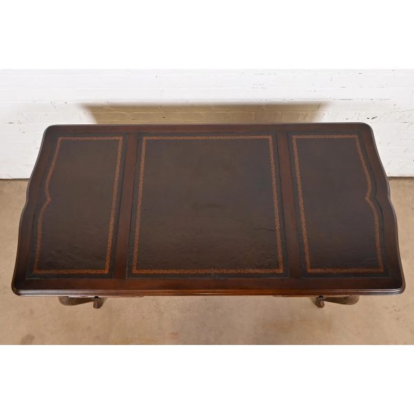 Sligh Furniture French Provincial Louis XV Carved Cherry Wood Leather Top Writing Desk, Circa 1960s - Image 9