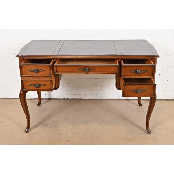 Sligh Furniture French Provincial Louis XV Carved Cherry Wood Leather Top Writing Desk, Circa 1960s - Image 5