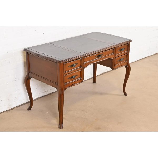 Sligh Furniture French Provincial Louis XV Carved Cherry Wood Leather Top Writing Desk, Circa 1960s - Image 4