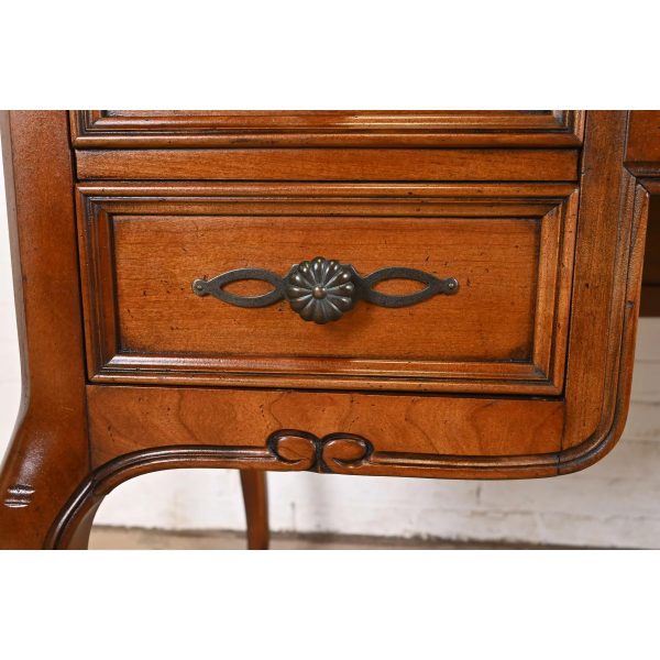Sligh Furniture French Provincial Louis XV Carved Cherry Wood Leather Top Writing Desk, Circa 1960s - Image 7