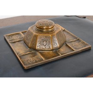 Tiffany Studios New York Zodiac Bronze Doré Partner's Inkwell With Desk Tray