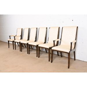 William Doezema for Mastercraft Hollywood Regency Burl Wood and Brass Dining Chairs, Set of Six