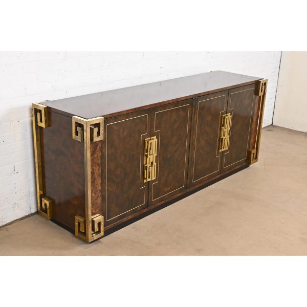William Doezema for Mastercraft Mid-Century Modern Burl Wood and Brass Greek Key Sideboard Credenza, 1970s - Image 4