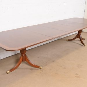 Baker Furniture Style Georgian Banded Mahogany Double Pedestal Extension Dining Table, Newly Refinished