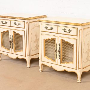 John Widdicomb French Rococo Louis XV Cream Lacquered and Parcel Gilt Nightstands, Circa 1950s