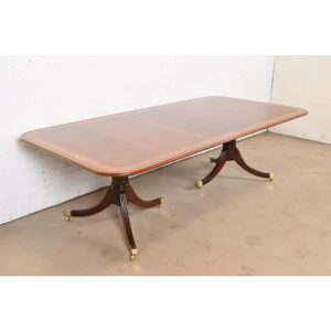Baker Furniture Stately Homes Georgian Banded Mahogany Double Pedestal Extension Dining Table, Newly Refinished