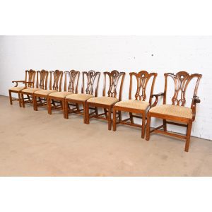 Baker Furniture Style Georgian Carved Mahogany Dining Chairs, Set of Eight