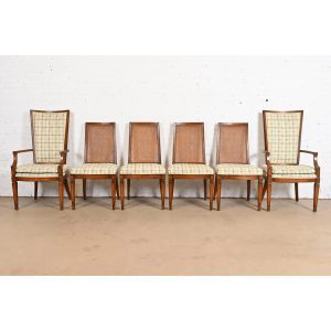 Henredon Style French Regency Louis XVI Carved Walnut and Cane Back Dining Chairs, Set of Six