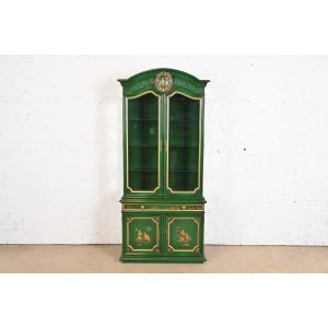 Karges French Regency Louis XVI Chinoiserie Green Lacquered Lighted Breakfront Bookcase Cabinet