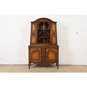 Romweber French Regency Louis XVI Burled Walnut Breakfront Bookcase Cabinet, Circa 1920s