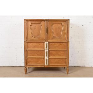 Romweber Mid-Century Hollywood Regency Burl Wood and Travertine Gentleman's Chest, Circa 1960s