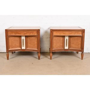 Romweber Mid-Century Hollywood Regency Burl Wood and Travertine Nightstands, Newly Refinished