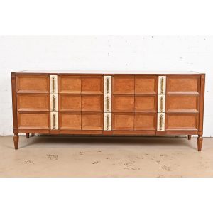 Romweber Mid-Century Hollywood Regency Burl Wood and Travertine Triple Dresser or Credenza, Newly Refinished