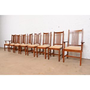 Stickley Mission Oak Arts & Crafts High Back Spindle Dining Chairs, Set of Eight