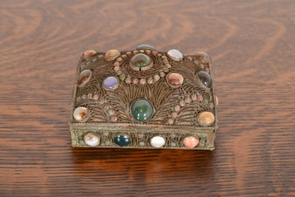 Antique Tibetan Bronze Filigree and Agate Jewelry Box