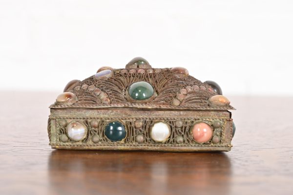 Antique Tibetan Bronze Filigree and Agate Jewelry Box - Image 2
