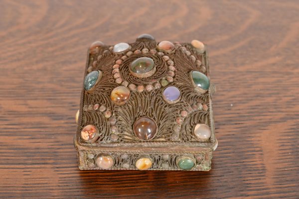 Antique Tibetan Bronze Filigree and Agate Jewelry Box - Image 5