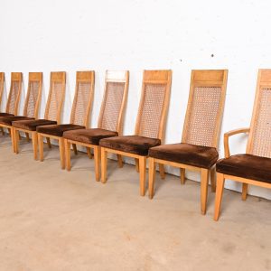 Milo Baughman Style Mid-Century Modern Burl Wood and Cane High Back Dining Chairs by Lane, Set of Ten